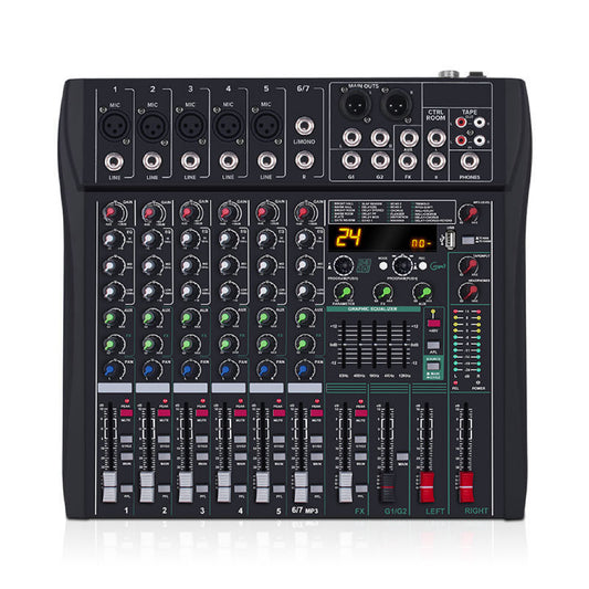 Black audio mixing console with various controls and display on a white background DIODIY seven 7 channel professional audio mixer for DJs, live events, musicians