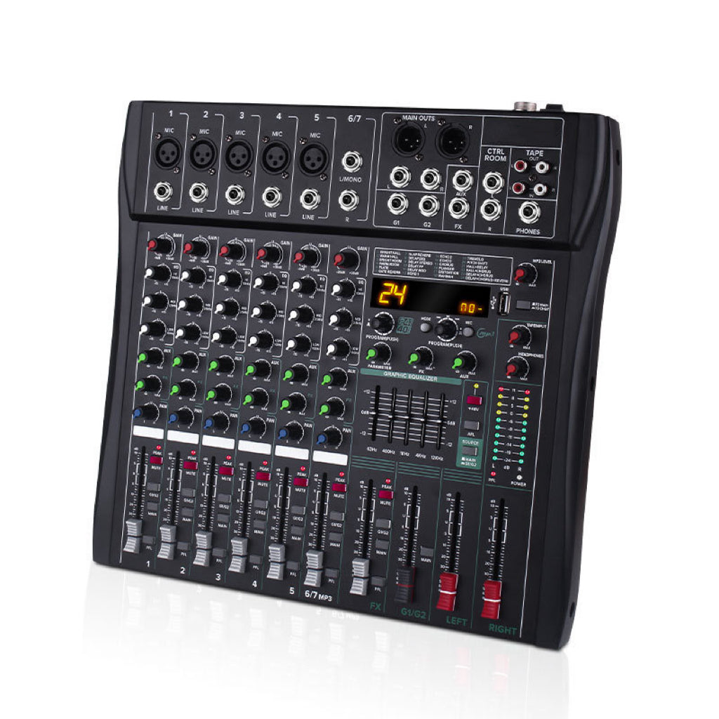 Black audio mixing console with various controls and display on a white background DIODIY seven 7 channel professional audio mixer for DJs, live events, musicians