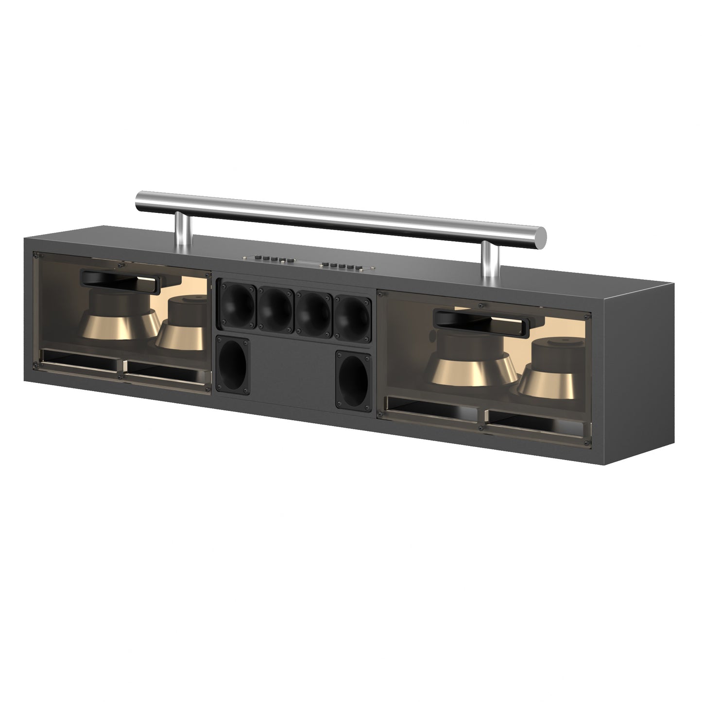 diodiy Mix speaker black sliver includes Two 6.5" woofers Two 3" horn tweeters and Four 2" mid-range tweeters professional music box with transparent acrylic boards on the side powerful full range elegant appearance features and functions customizable