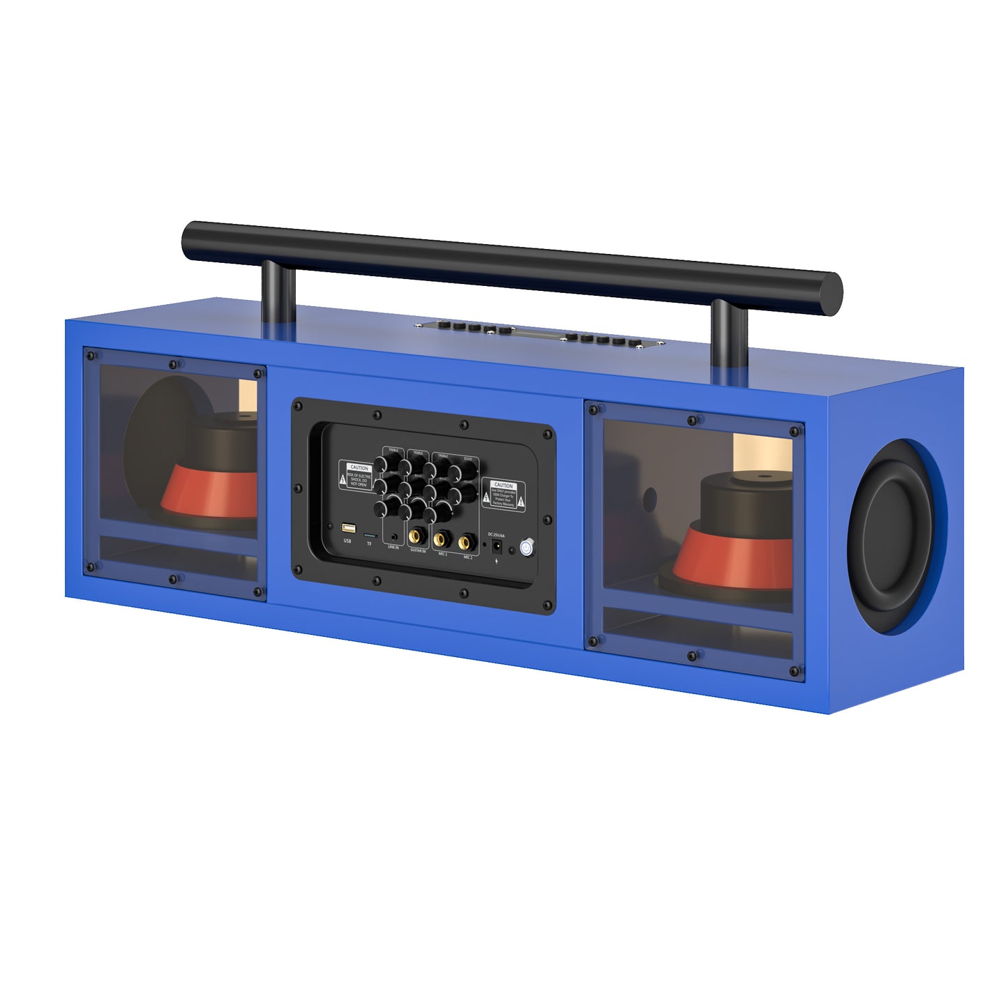 diodiy advanced sound system Solo professional compact speaker with transparent acrylic board on sides Two 6.5" woofers Two 5.5" bass boosted vibration basin Two 3" horn tweeters Four 2" mid-range tweeters features and functions customizable classic black and blue with red color decorated on loudspeakers inside professional music box