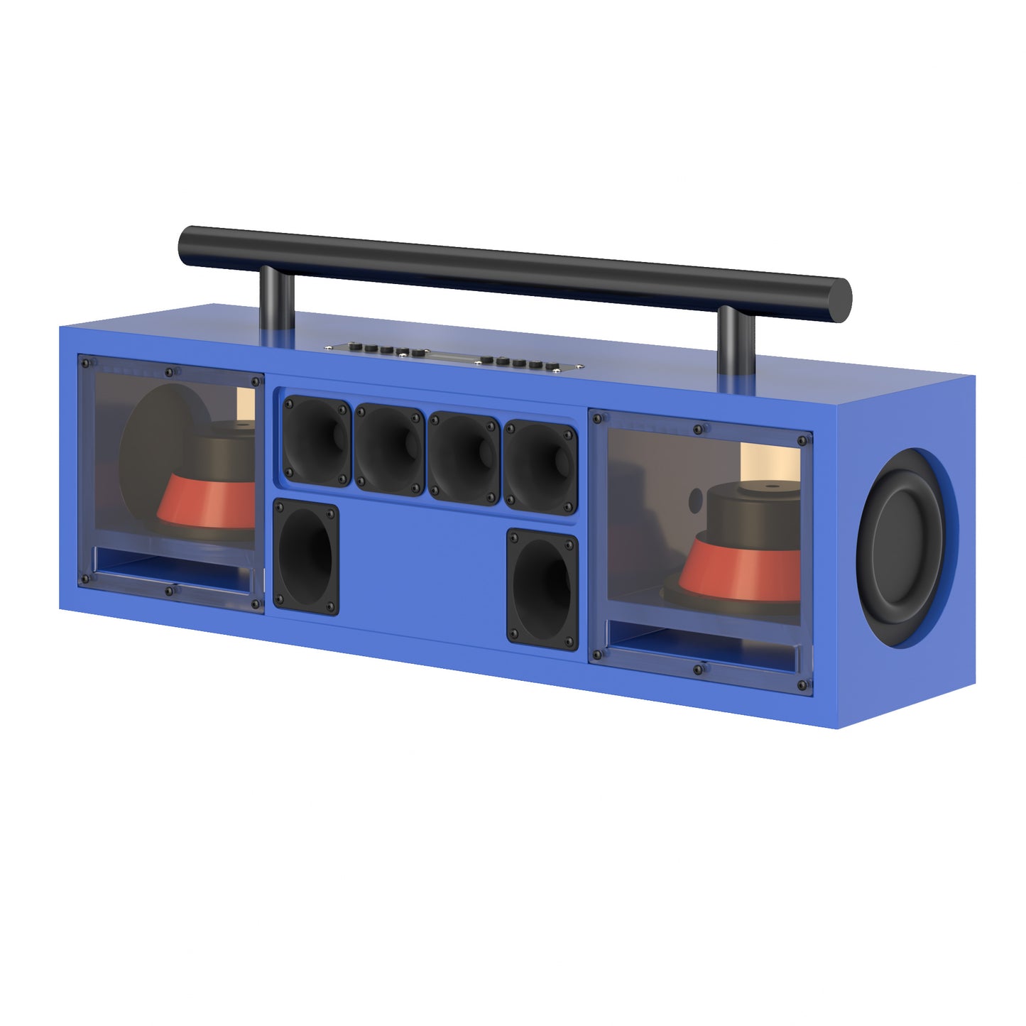 diodiy advanced sound system Solo professional compact speaker with transparent acrylic board on sides Two 6.5" woofers Two 5.5" bass boosted vibration basin Two 3" horn tweeters Four 2" mid-range tweeters features and functions customizable classic black and blue with red color decorated on loudspeakers inside