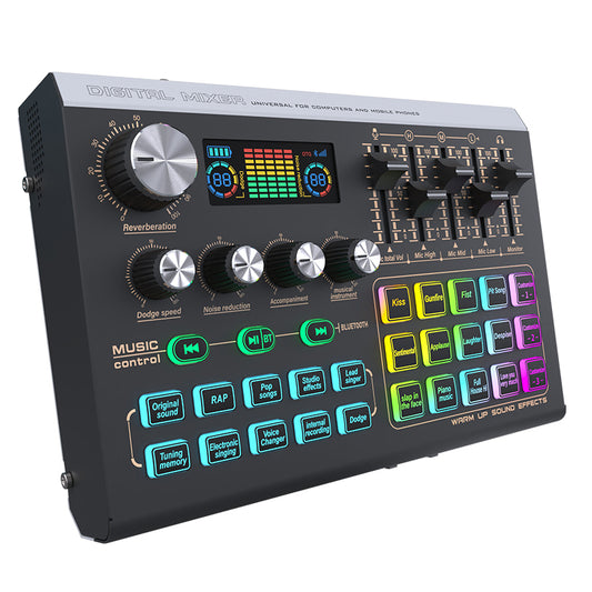 Digital music control panel with various buttons and display on a white background DIODIY live sound audio mixer for professionals djs procasters youtubers tikrokers