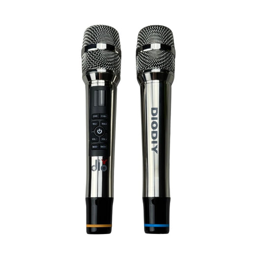 Two diodiy's wireless microphones sliver adjustable for treble bass volume and echo perfect for karaoke events parties stage going live UHF transmission technique