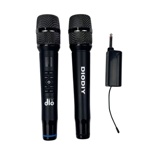 diodiy wireless microphones nine control buttons and display screen at the front features and functions and colors customizable bluetooth wireless or wired adjustable for treble bass echo volume control instant connect