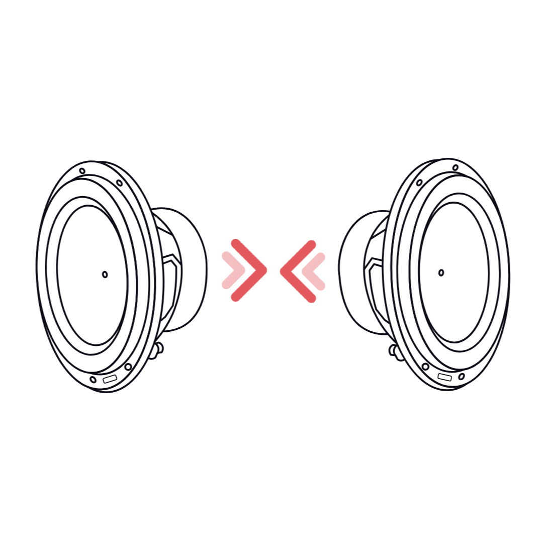 Illustration of two speakers with a red 'X' between them indicating the air between is compressed on a white background DIODIY featured counter-pressure design