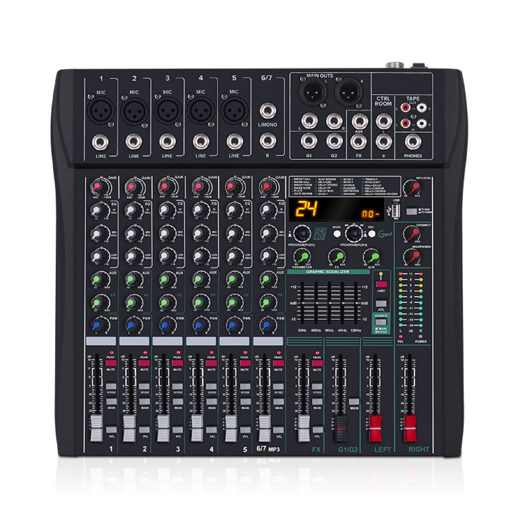 Black audio mixing console with various controls and display on a white background DIODIY seven 7 channel professional audio mixer for DJs, live events, musicians