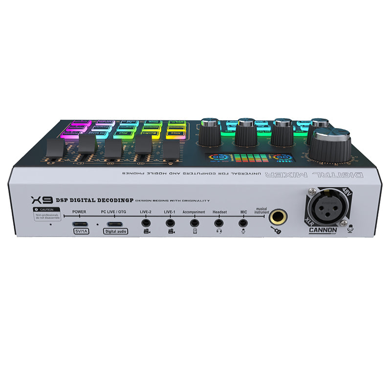Digital music control panel with various buttons and display on a white background DIODIY live sound audio mixer for professionals djs procasters youtubers tikrokers