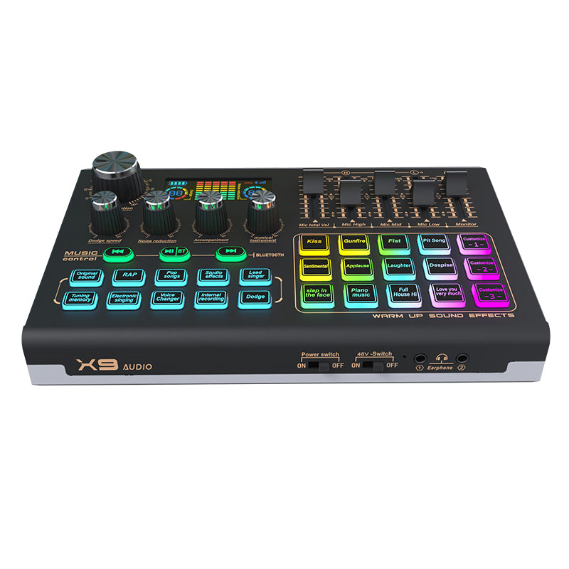 Digital music control panel with various buttons and display on a white background DIODIY live sound audio mixer for professionals djs procasters youtubers tikrokers