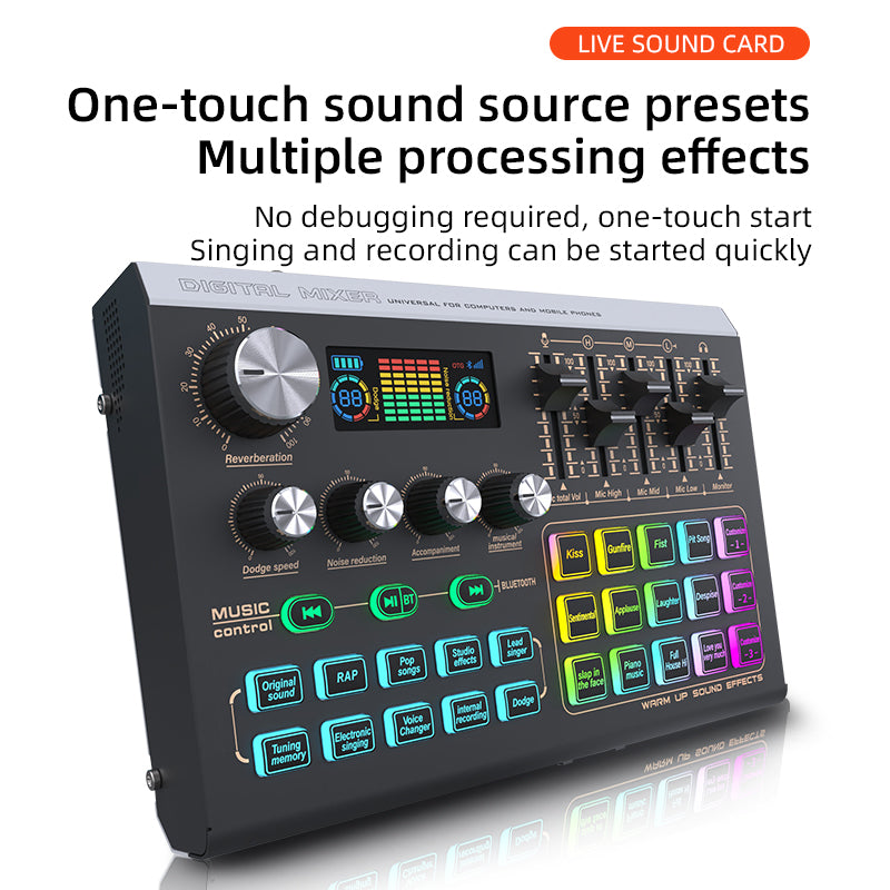 Digital music control panel with various buttons and display on a white background DIODIY live sound audio mixer for professionals djs procasters youtubers tikrokers