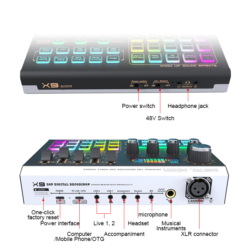Digital music control panel with various buttons and display on a white background DIODIY live sound audio mixer for professionals djs procasters youtubers tikrokers