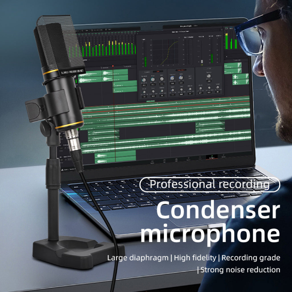 Professional studio condenser microphone with desktop stand and foldable metal arms noise reduction high-fidelity sound perfect for singing, recording, podcasting, streaming, gaming