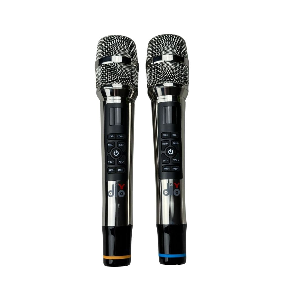 Two diodiy's wireless microphones sliver adjustable for treble bass volume and echo perfect for karaoke events parties stage going live UHF transmission technique