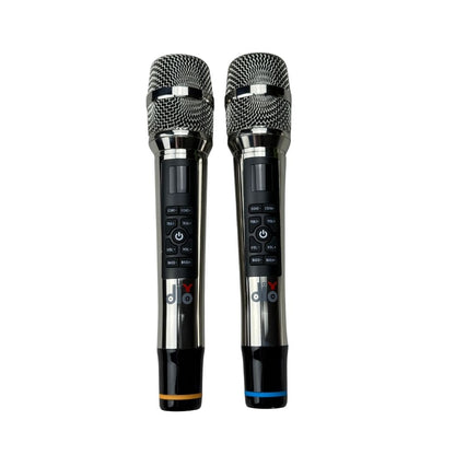 Two diodiy's wireless microphones sliver adjustable for treble bass volume and echo perfect for karaoke events parties stage going live UHF transmission technique