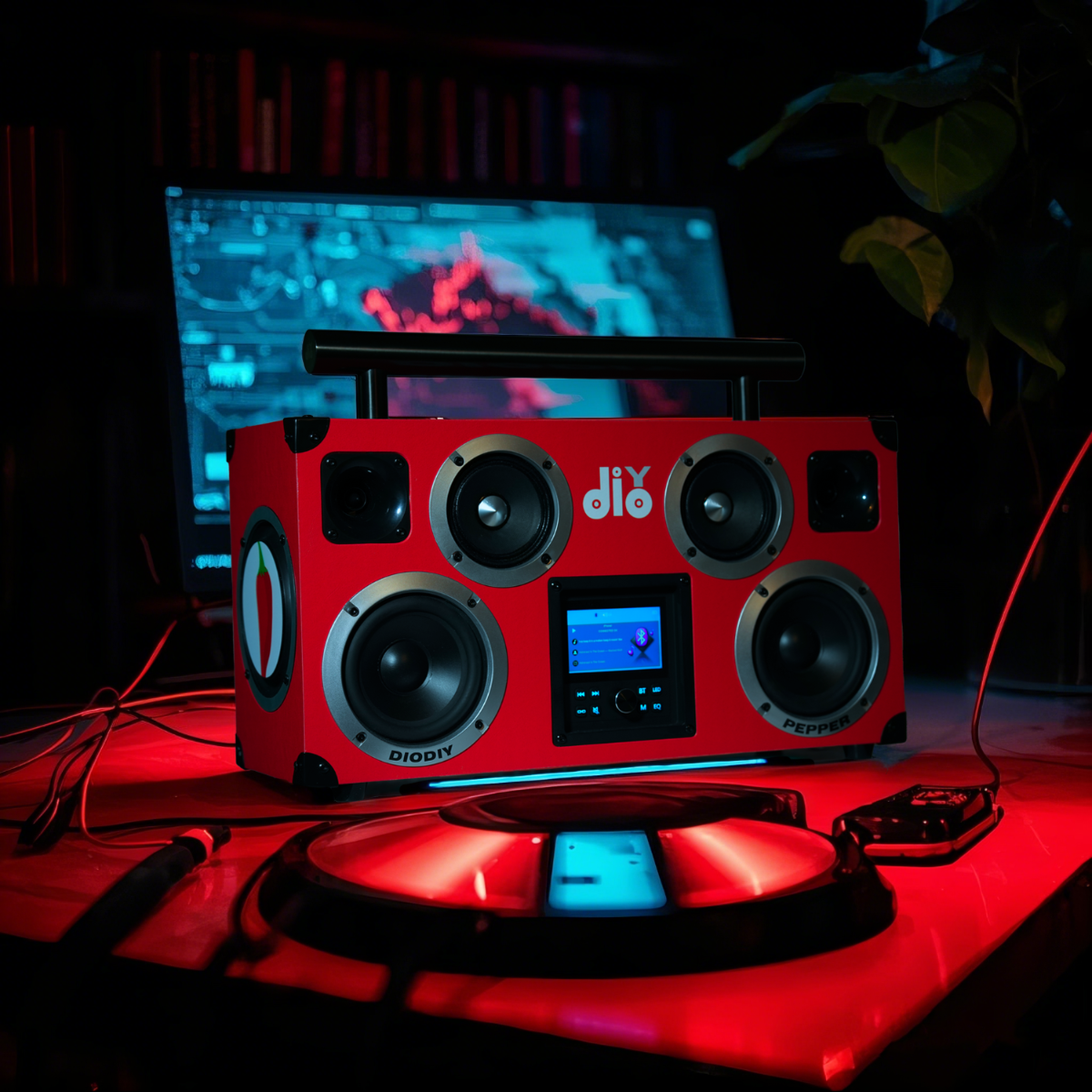 DIODIY pepper speaker in dark environment, featuring bright LED light at the bottom